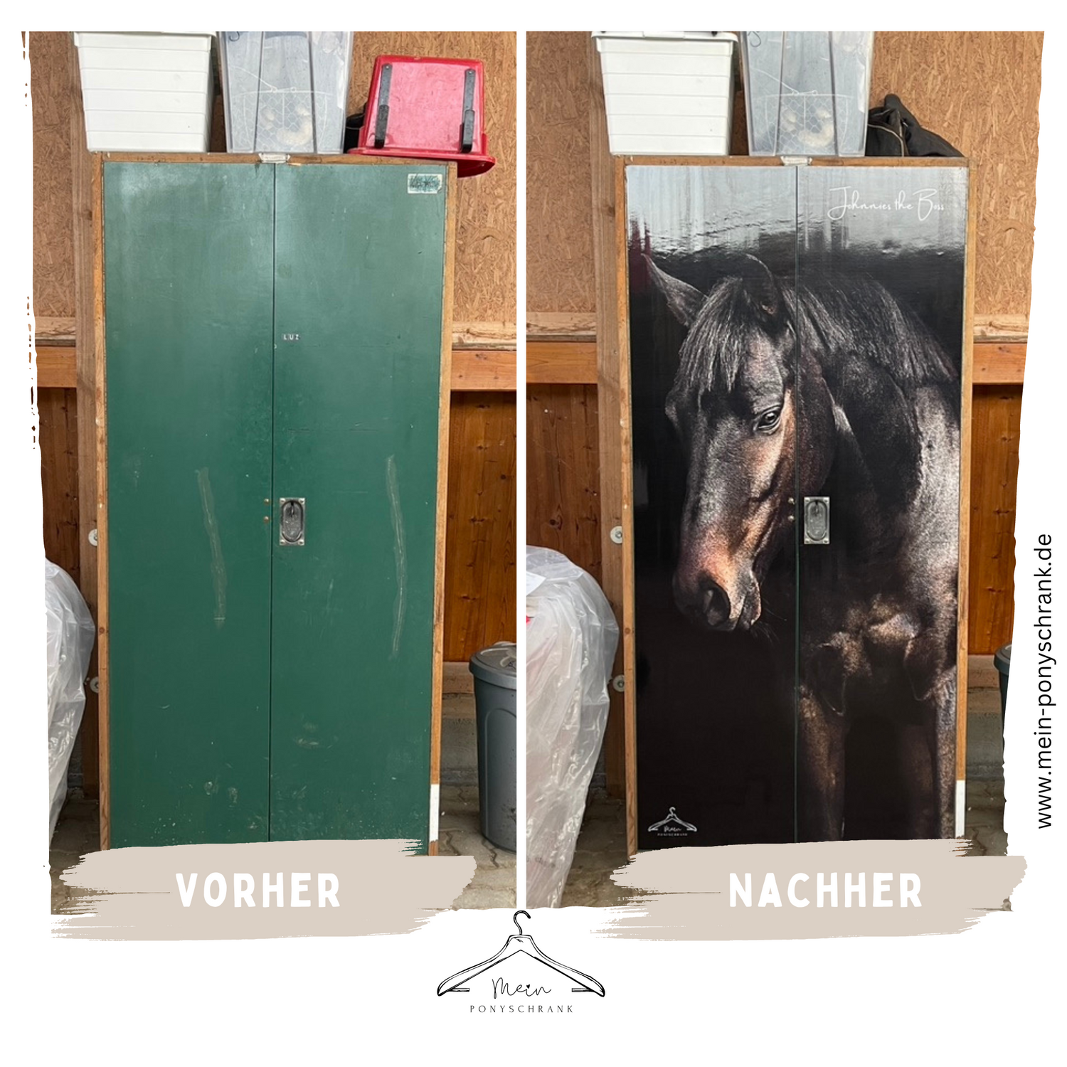 Bundeswehrschränke: Die heimlichen Helden der Sattelkammer – Vorher/Nachher-Vergleichsbild eines gestalteten Schranks